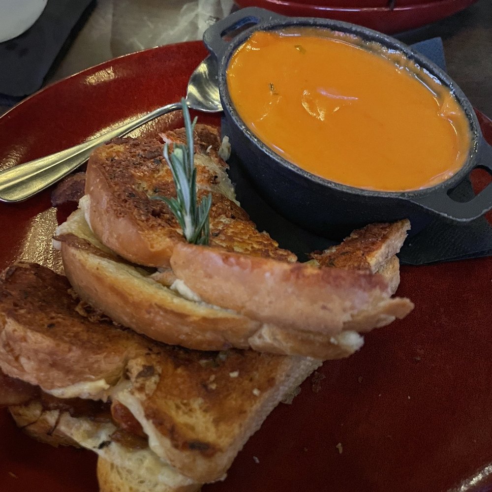 Brick and Bourbon - French onion grilled cheese with tomato bisque - Cocktail Bars Near Me - Eden Prairie, Minnesota Brick and Bourbon - French onion grilled cheese with tomato bisque - Cocktail Bars Near Me - Eden Prairie, Minnesota