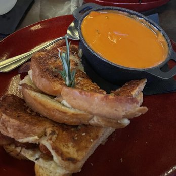 Brick and Bourbon - French onion grilled cheese with tomato bisque - Cocktail Bars Near Me - Eden Prairie, Minnesota
