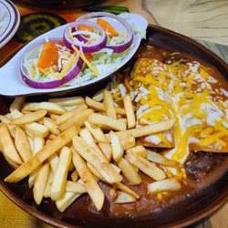 Plaza Mexicana - Shredded beef enchiladas, fries and salad. Enchiladas 1.75ish.
