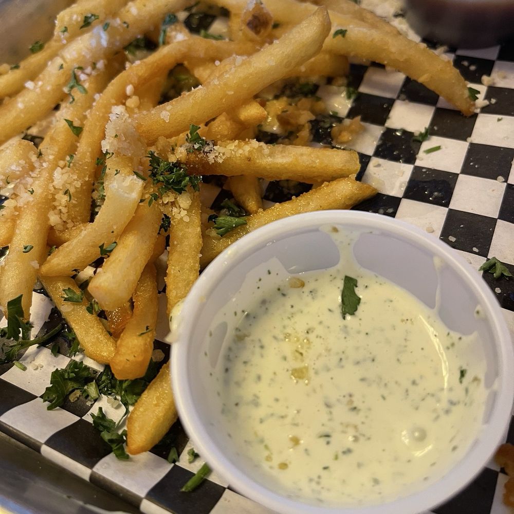 Represa Grill by Chef William Hartzell - Garlic fries (half eaten) and ranch! - Burgers Near Me - Folsom, California Represa Grill by Chef William Hartzell - Garlic fries (half eaten) and ranch! - Burgers Near Me - Folsom, California