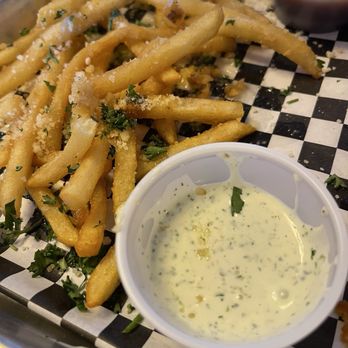 Represa Grill by Chef William Hartzell - Garlic fries (half eaten) and ranch! - Burgers Near Me - Folsom, California Represa Grill by Chef William Hartzell - Garlic fries (half eaten) and ranch! - Burgers Near Me - Folsom, California