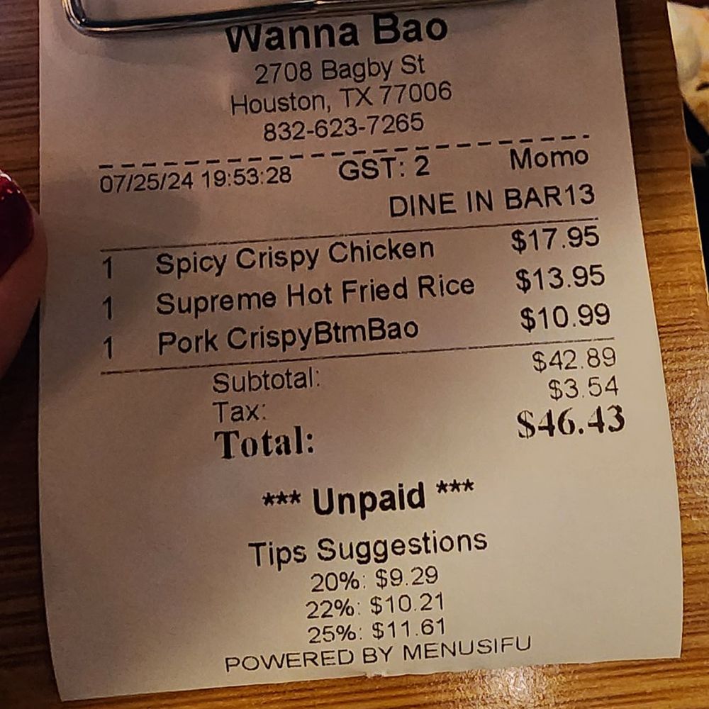 Wanna Bao - Suggested tips start at 20%. July 2024 - Szechuan Near Me - Houston, Texas Wanna Bao - Suggested tips start at 20%. July 2024 - Szechuan Near Me - Houston, Texas