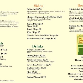 The Fusion Rasoi - Back of dinner menu - Indian Near Me - Opelika, Alabama