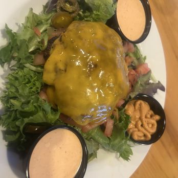 Bootleggers - Hunter's Burger no bread made into a salad - Burgers Near Me - Lynchburg, Virginia Bootleggers - Hunter's Burger no bread made into a salad - Burgers Near Me - Lynchburg, Virginia
