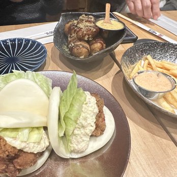 IPPUDO 5th Avenue - Chicken Buns (bottom left), Takoyaki w/ Honey Mustard (top), French Fries (right) - Ramen Near Me - New York, New York