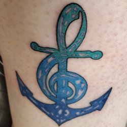 Prairie State Tattoo - Trebel / Anchor. Music keeps me grounded. Beautiful colors and gradient shading. He's brilliant with color!
