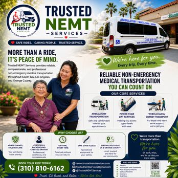 Trusted NEMT Services - Non-emergency medical transportation throughout South Bay, Los Angeles, and Orange County. - Medical Transportation Near Me - Torrance, California Trusted NEMT Services - Non-emergency medical transportation throughout South Bay, Los Angeles, and Orange County. - Medical Transportation Near Me - Torrance, California