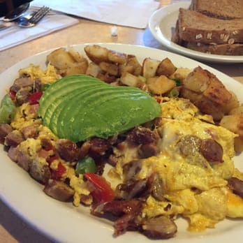 Cafe Cup - Scramble with sausage, bacon, peppers and onions. - Breakfast & Brunch Near Me - Huntington Beach, California Cafe Cup - Scramble with sausage, bacon, peppers and onions. - Breakfast & Brunch Near Me - Huntington Beach, California