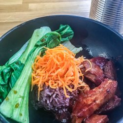SEN Street Kitchen - Char siu with bok choy, sour carrot, and purple rice!