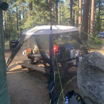 Fallen Leaf Campground - Table behind the YURT and our Cover-over it for Eating in peace from the Yellow jackets that constantly buzz. - Campgrounds Near Me - South Lake Tahoe, California Fallen Leaf Campground - Table behind the YURT and our Cover-over it for Eating in peace from the Yellow jackets that constantly buzz. - Campgrounds Near Me - South Lake Tahoe, California