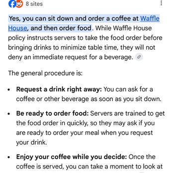 Waffle House - Google ai response to the question "at Waffle House can you come in and order coffee before ordering food" - Breakfast & Brunch Near Me - Clinton, North Carolina Waffle House - Google ai response to the question "at Waffle House can you come in and order coffee before ordering food" - Breakfast & Brunch Near Me - Clinton, North Carolina