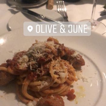 Olive & June - The Bucatini Amatriciana with meatballs! - Italian Near Me - Austin, Texas Olive & June - The Bucatini Amatriciana with meatballs! - Italian Near Me - Austin, Texas