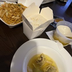 China One - Wonton soup, white rice, and chicken lo mein