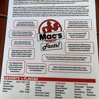 Mac's Drive-In - Beverage menu and fun factoids. - American Near Me - Waterloo, New York