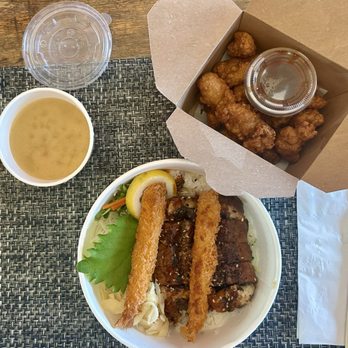 The Bop - Karage appetizer, dragon bowl with eel and two shrimp tempura with miso soup - Asian Fusion Near Me - Los Angeles, California The Bop - Karage appetizer, dragon bowl with eel and two shrimp tempura with miso soup - Asian Fusion Near Me - Los Angeles, California