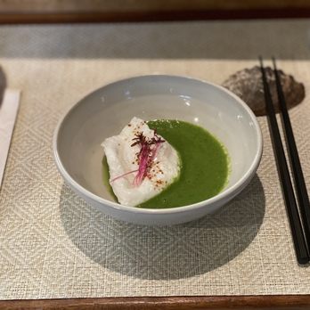 Miyo's Restaurant - Watercress and potato soup with a poached egg and micro greens on top - Izakaya Near Me - Hilo, Hawaii
