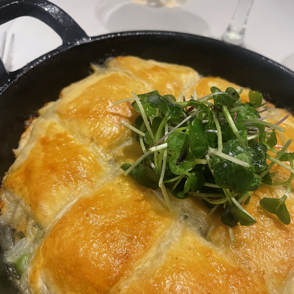 Bloomsbury Bistro - Chicken Pot Pie with micro greens - New American Near Me - Raleigh, North Carolina Bloomsbury Bistro - Chicken Pot Pie with micro greens - New American Near Me - Raleigh, North Carolina