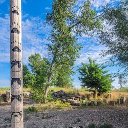 Discovery Island pole with wood burnings