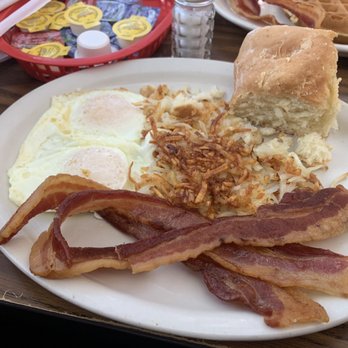 Norma's Cafe - 2 Eggs Any Style with Biscuit and sausage gravy and bacon crispy - Southern Near Me - Dallas, Texas