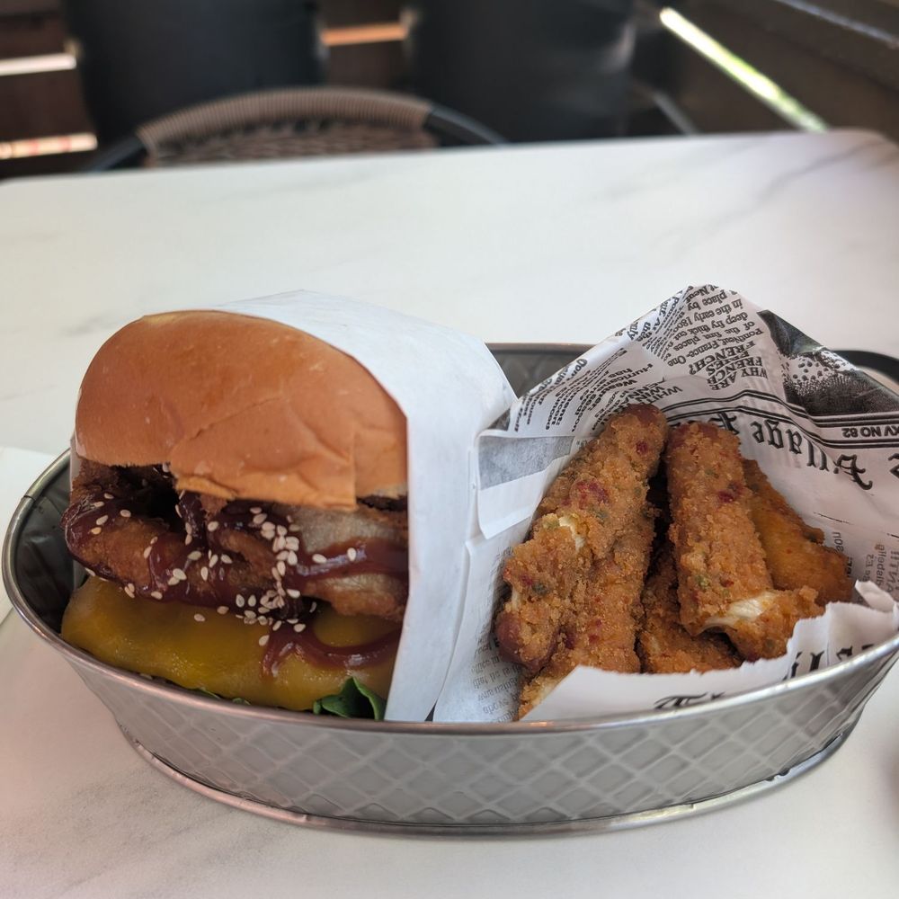 A+ Burger - Crispy onion BBQ burger and jalapeno mozzarella sticks. - Burgers Near Me - Oakland, California A+ Burger - Crispy onion BBQ burger and jalapeno mozzarella sticks. - Burgers Near Me - Oakland, California