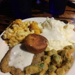 Meat and three meal deal for $9.99 Country fried steak, mashed potatoes, mac&cheese and fried okra Meat and three meal deal for $9.99 Country fried steak, mashed potatoes, mac&cheese and fried okra