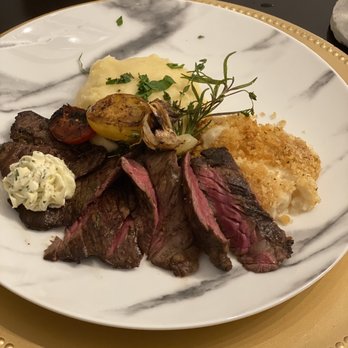 Chefsebny - Skirt steak (my request) with cauliflower au gratin (literally melts in your mouth) and mashed potatoes. Incredible!!! - Personal Chefs Near Me