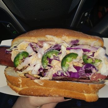 Alpha Dawg - a hot dog with coleslaw and jalapenos - Food Trucks Near Me