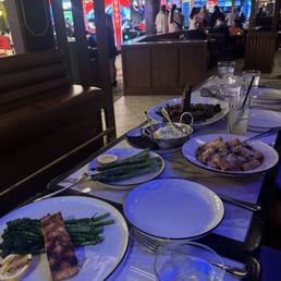 steak, asparagus, vodka pasta, salmon