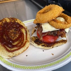 Phat Guy Burgers - Country burger.      Topped with bacon cheese onion rings and bbq sauce