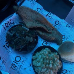 Trio - 2pc Catfish and two sides - Mac and cheese + collard greens and a roll
