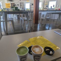 Matcha with lavender syrup and cafe latte Matcha with lavender syrup and cafe latte