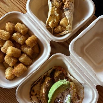Good Morning Breakfast Tacos - The Classic w/ Bacon, Side of Tots & Migas - Tacos Near Me Good Morning Breakfast Tacos - The Classic w/ Bacon, Side of Tots & Migas - Tacos Near Me