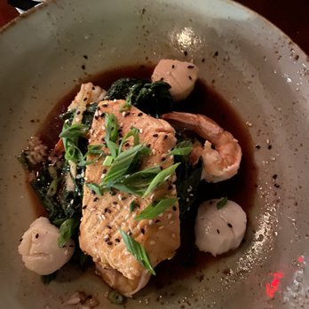 Mitchell's Fish Market - Salmon, scallops, and shrimp with spinach sticky rice in a ponzu sauce. - Seafood Near Me - Pittsburgh, Pennsylvania Mitchell's Fish Market - Salmon, scallops, and shrimp with spinach sticky rice in a ponzu sauce. - Seafood Near Me - Pittsburgh, Pennsylvania