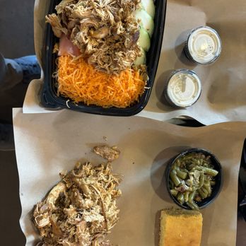 Mission BBQ - Garden salad with pulled chicken and pulled chicken entree and greens and beans. - Barbeque Near Me - Rochester, New York