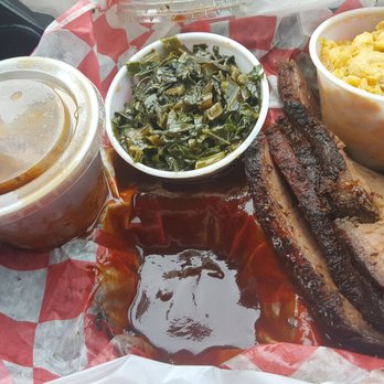 Barnes Brothers BBQ & Grill - Brisket combo with mac n cheese, beans and vegetarian collard greens...oh so delicious! - Barbeque Near Me - Davie, Florida