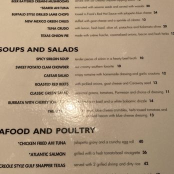ALC Steaks - The menu features sections for appetizers, soups, salads, and seafood, with items like crab cakes, shrimp cocktail, and grilled shrimp, including prices. - Steakhouses Near Me - Austin, Texas