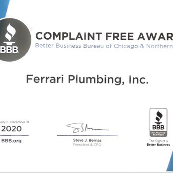 Ferrari Plumbing - BBB Complaint Free Award - Plumbing Near Me - Wheaton, Illinois Ferrari Plumbing - BBB Complaint Free Award - Plumbing Near Me - Wheaton, Illinois