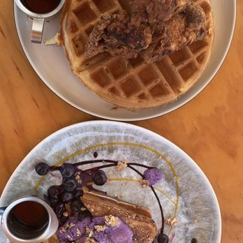 Toast Kitchen & Bakery - Chicken & Waffles (top), Ube French Toast (bottom) - Breakfast & Brunch Near Me - Tustin, California