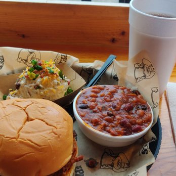BBQ Pete's - Loaded Baked Potato Salad BBQ Beans Spicy Chop Sandwich - Barbeque Near Me - Kent, Washington BBQ Pete's - Loaded Baked Potato Salad BBQ Beans Spicy Chop Sandwich - Barbeque Near Me - Kent, Washington