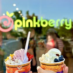Pinkberry - Small ponegranate with mango, strawberry, and mochi toppings. Small original tart with mochi and blueberry toppings.