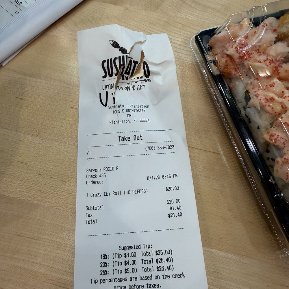 Sushiato - Plantation - Receipt - Sushi Bars Near Me - Plantation, Florida Sushiato - Plantation - Receipt - Sushi Bars Near Me - Plantation, Florida