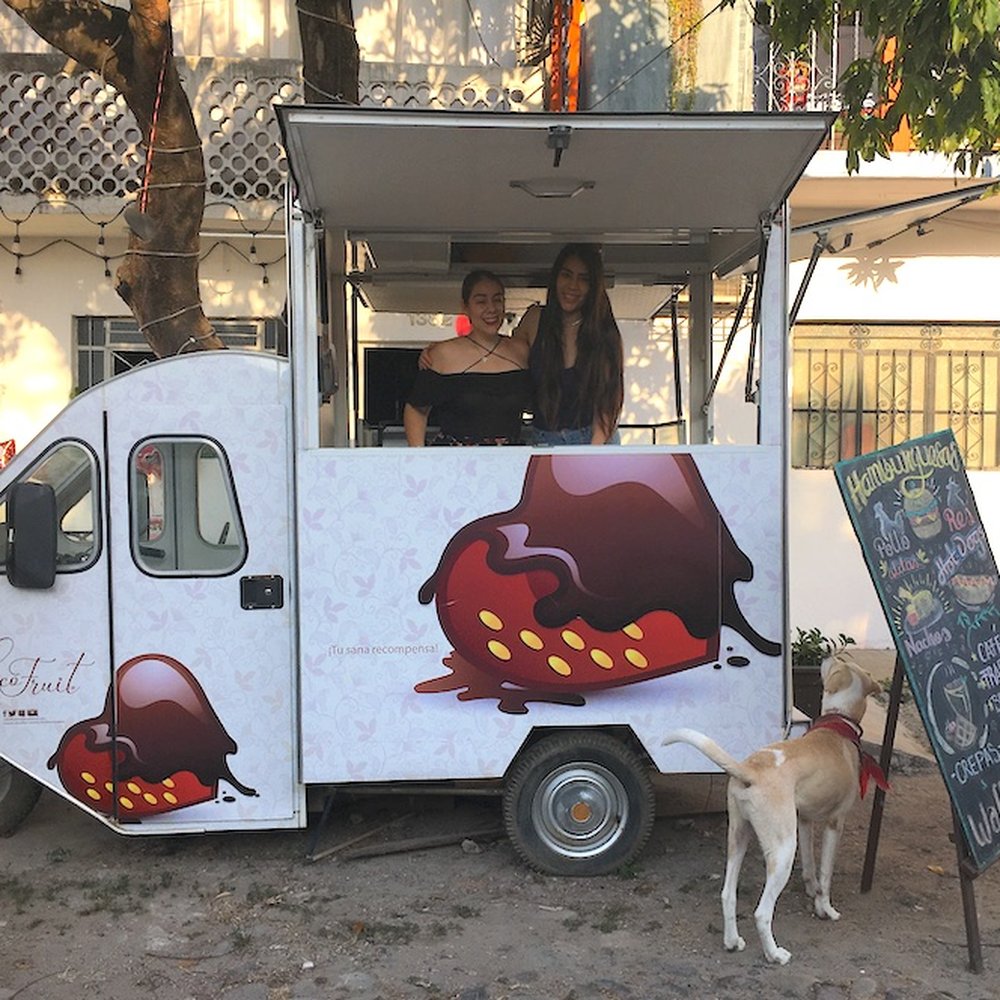 ChocoFruit Joublanc - The sisters in their lovely little truck, in front of their cafe at Costa Rica 1382, 5 de Diciembre. That's Choca out front, the rescue dog) - Chocolatiers & Shops Near Me - Puerto Vallarta, JAL