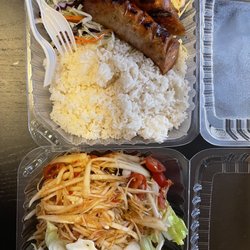 Lucky Lane 33 Cafe - Lao sausage with steamed rice ( they don't have sticky rice )   Lao style papaya Salad