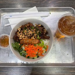 Bun, noodles with grilled pork and spring roll--very very good!