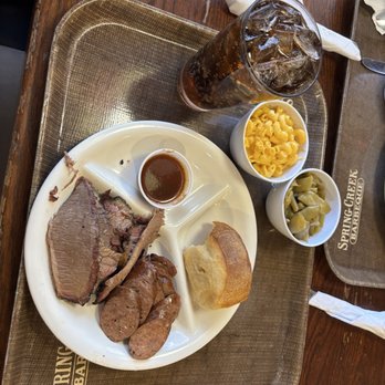 Spring Creek Barbeque - Sausage with brisket green beans and Mac and cheese - Barbeque Near Me - Mesquite, Texas