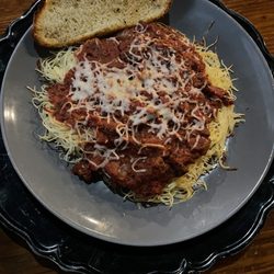 Holiday Pizza - Spaghetti with meat sauce.
