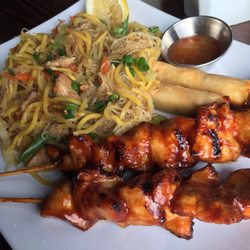 Barkada Grill - Lunch combo! $12.95: bbq chicken, mixed noodles with chicken, spring rolls and pickled mango