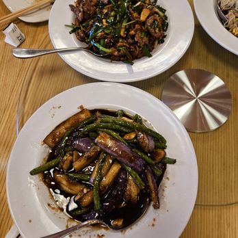 Fiery Sky Asian Kitchen - Signature beef stirred noodles (top) and Stir-fried eggplant and green beans (bottom) - Asian Fusion Near Me - Columbus, Ohio Fiery Sky Asian Kitchen - Signature beef stirred noodles (top) and Stir-fried eggplant and green beans (bottom) - Asian Fusion Near Me - Columbus, Ohio