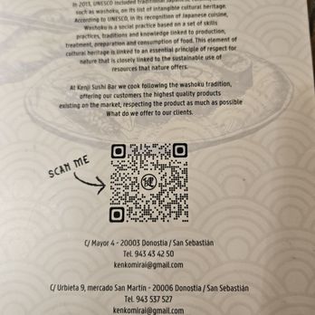 Kenji - Back of menu - Sushi Bars Near Me - Donostia / San Sebastián, SS