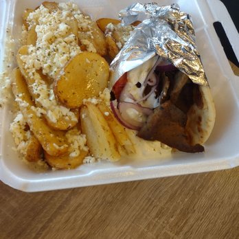 Ladera Greek Kitchen - The Gyro Classic. Gyro Pita with their yummy Feta Fries with Spicy Feta cheese on the side. - Greek Near Me - Temecula, California